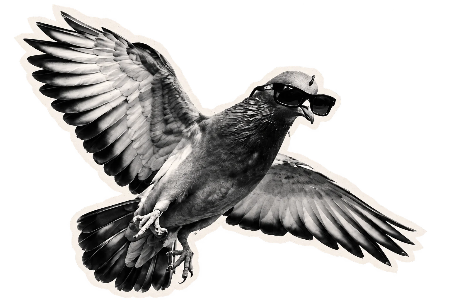 Fliegende Taube mit Sonnenbrille